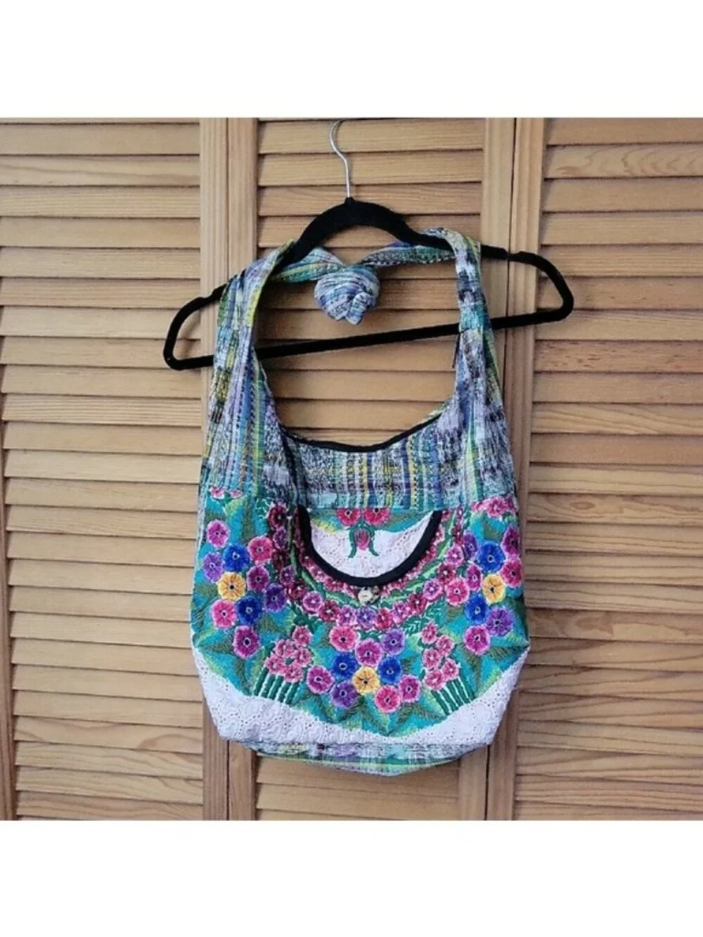 Boho Hippie Hobo Bag Lace Trim Colorful Embroidered Floral Shoulder Crossbody